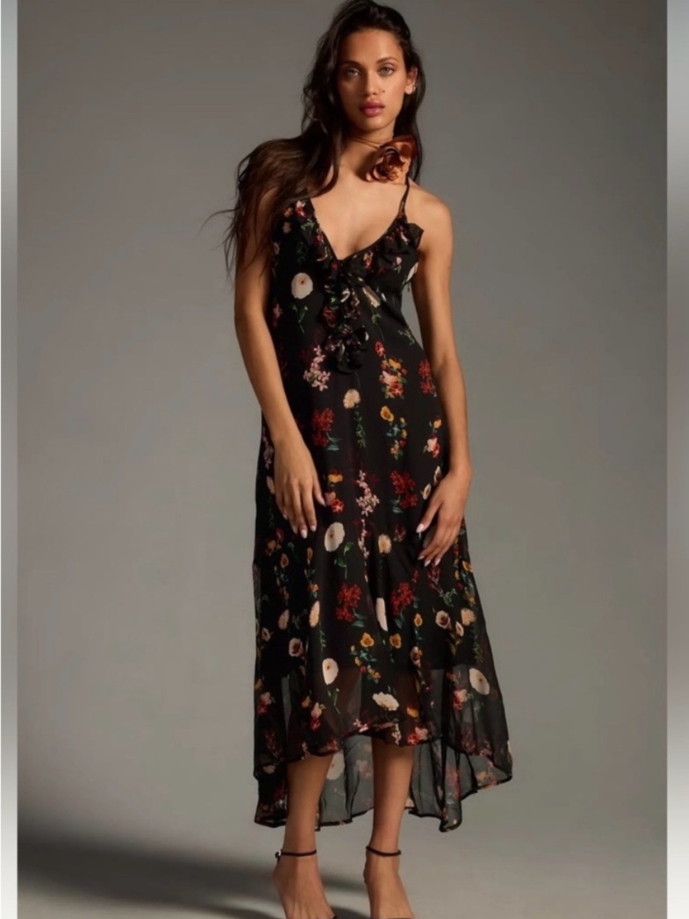Maeve Black Floral Ruffle Maxi Dress with Yellow & White Blooms